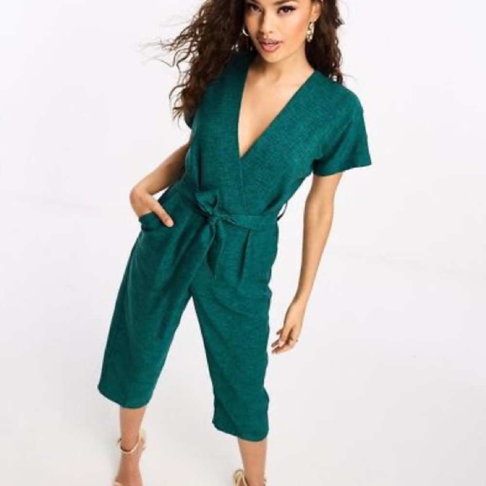 CLOSET LONDON PETITE TIE WAIST KIMONO JUMPSUIT IN EMERALD-GREEN